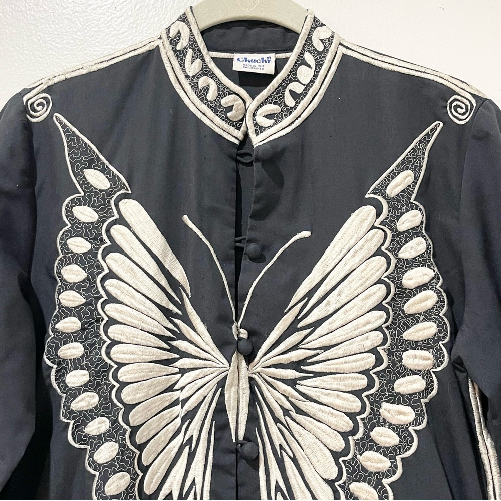 Embroidered Kaftan Black and Cream Butterfly Design Mandarin Collar Size S - Picture 4 of 7